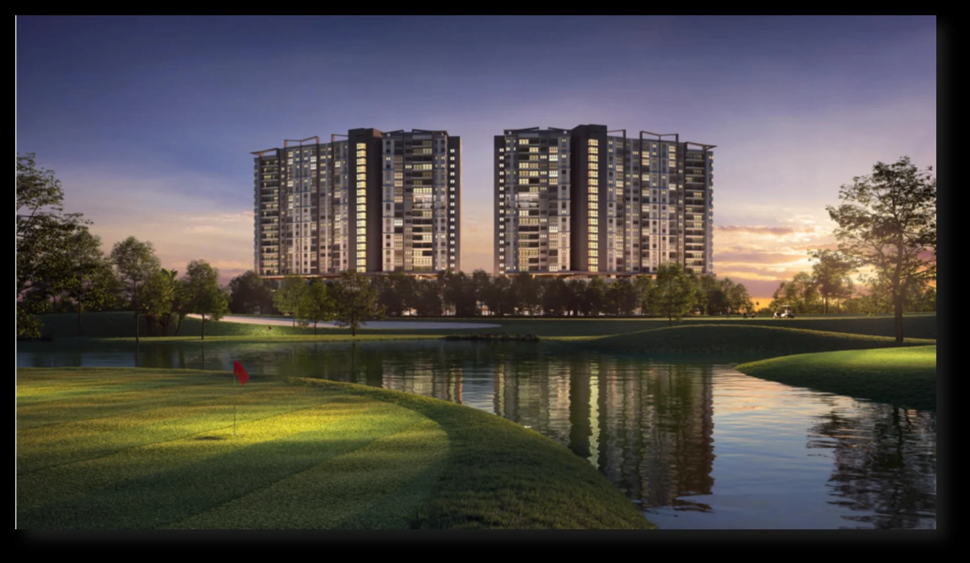 Bayu Timur Residences at twilight beside Bukit Kemuning Golf & Country Resort, artist's impression