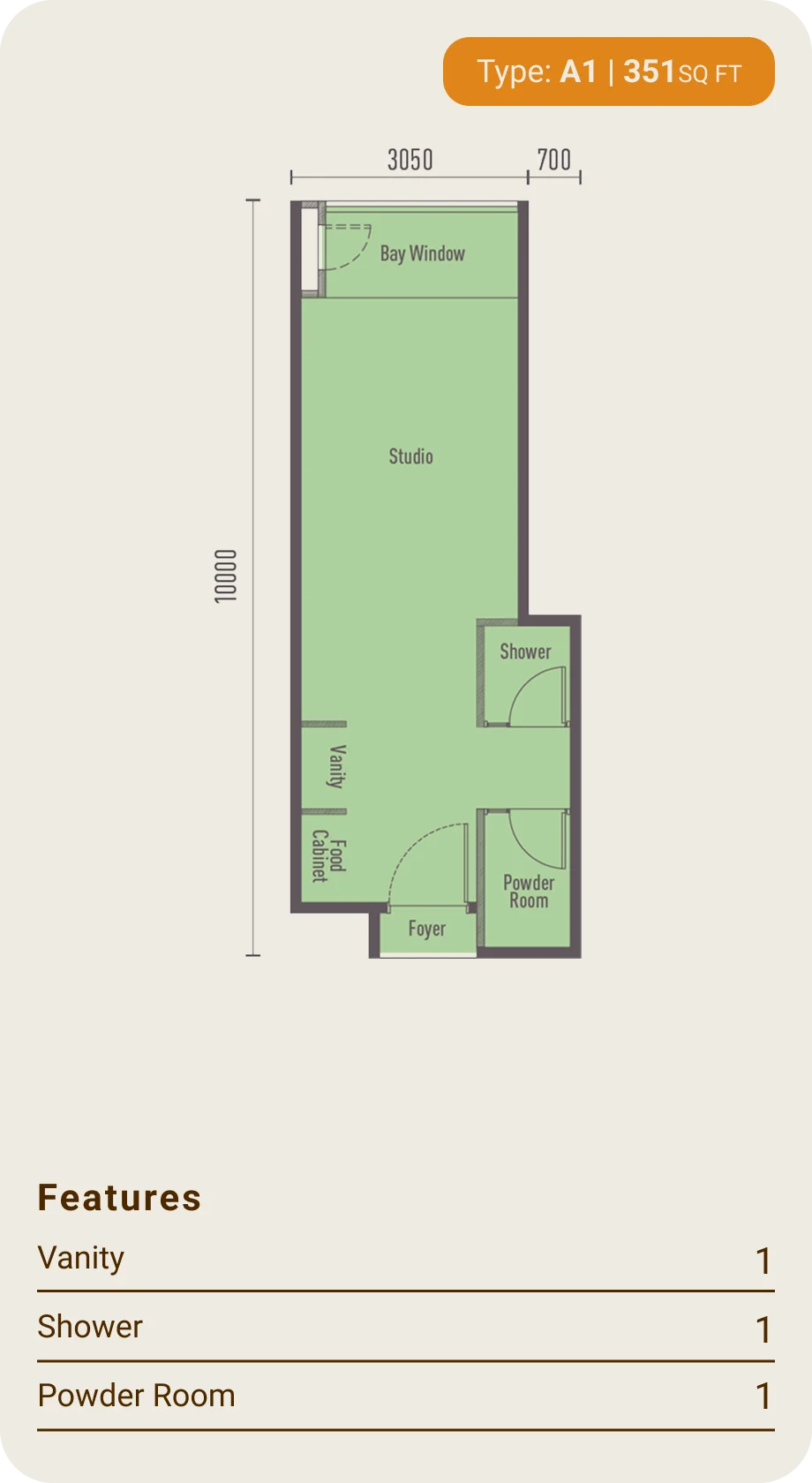 The Bedrock Type A1 studio floor plan — 351 sq ft