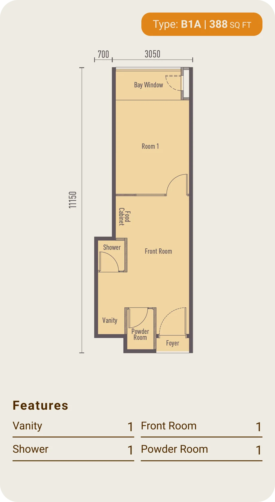 The Bedrock Type B1a floor plan — 1 bedroom