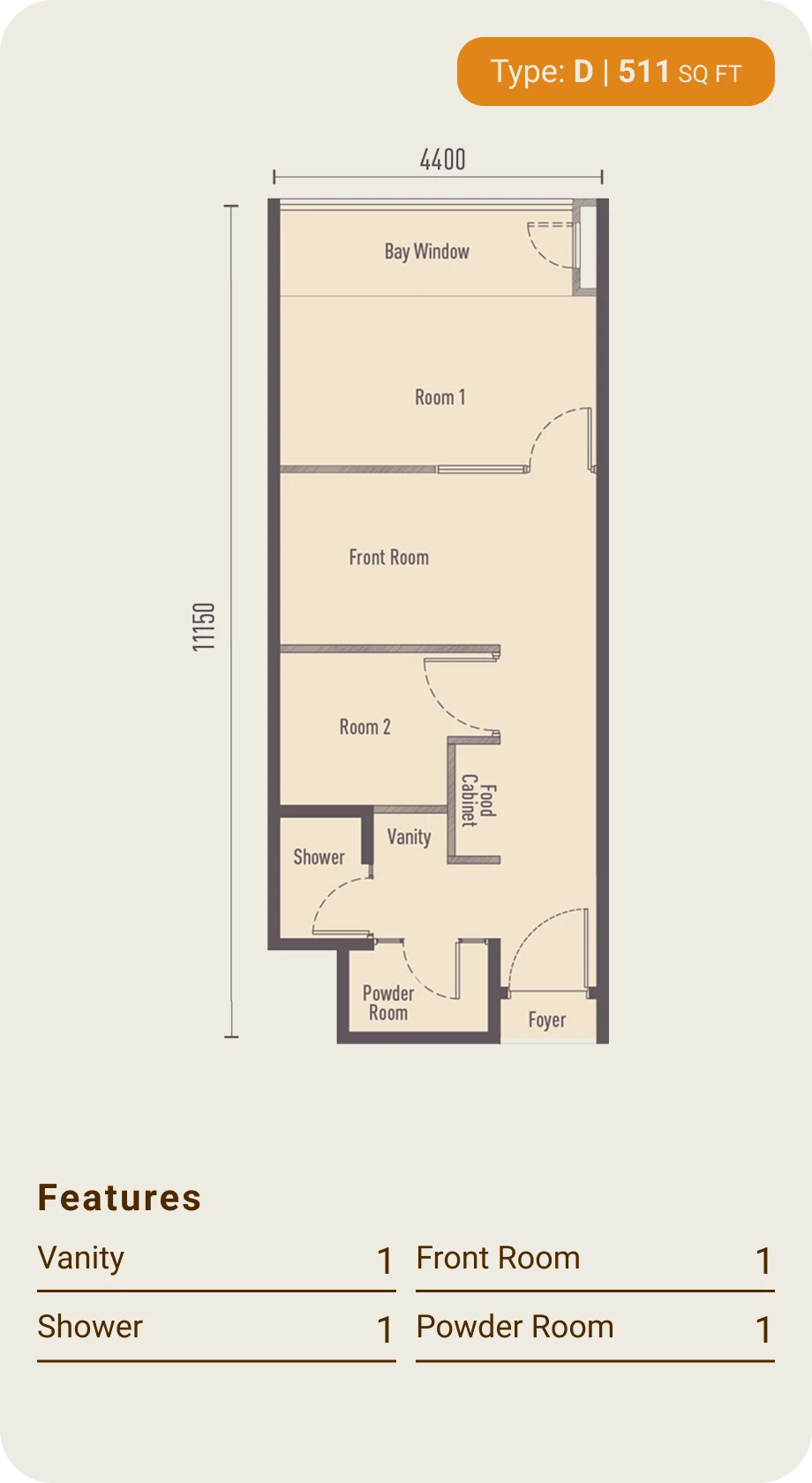The Bedrock Type D floor plan — 511 sq ft, 2 bedrooms
