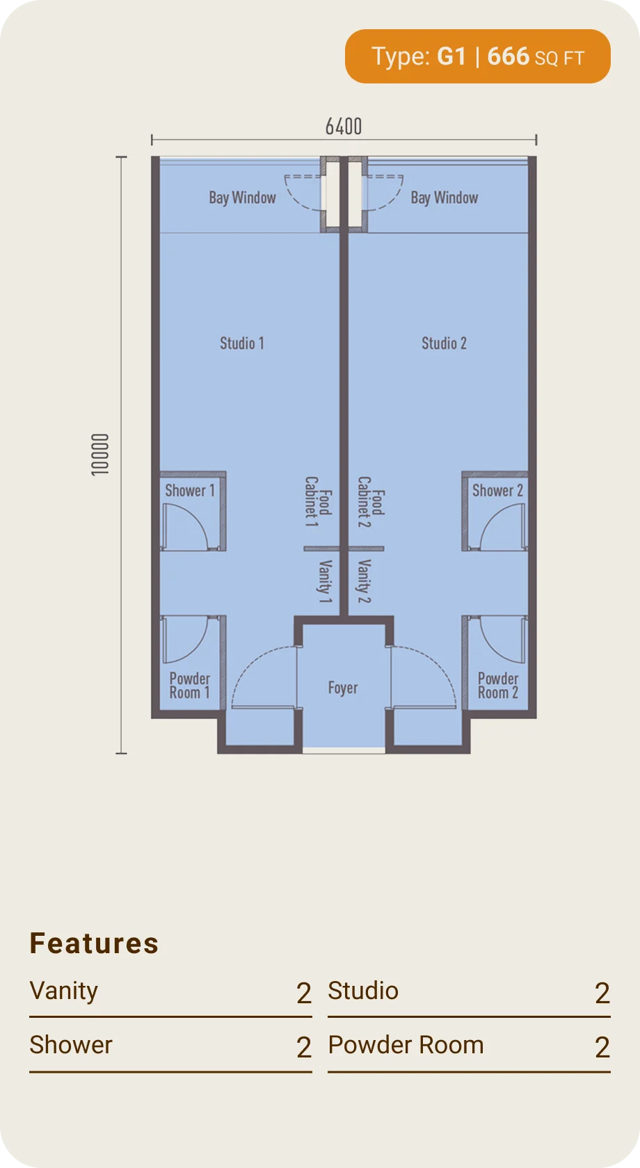 The Bedrock Type G1 dual-key floor plan — 666 to 700 sq ft