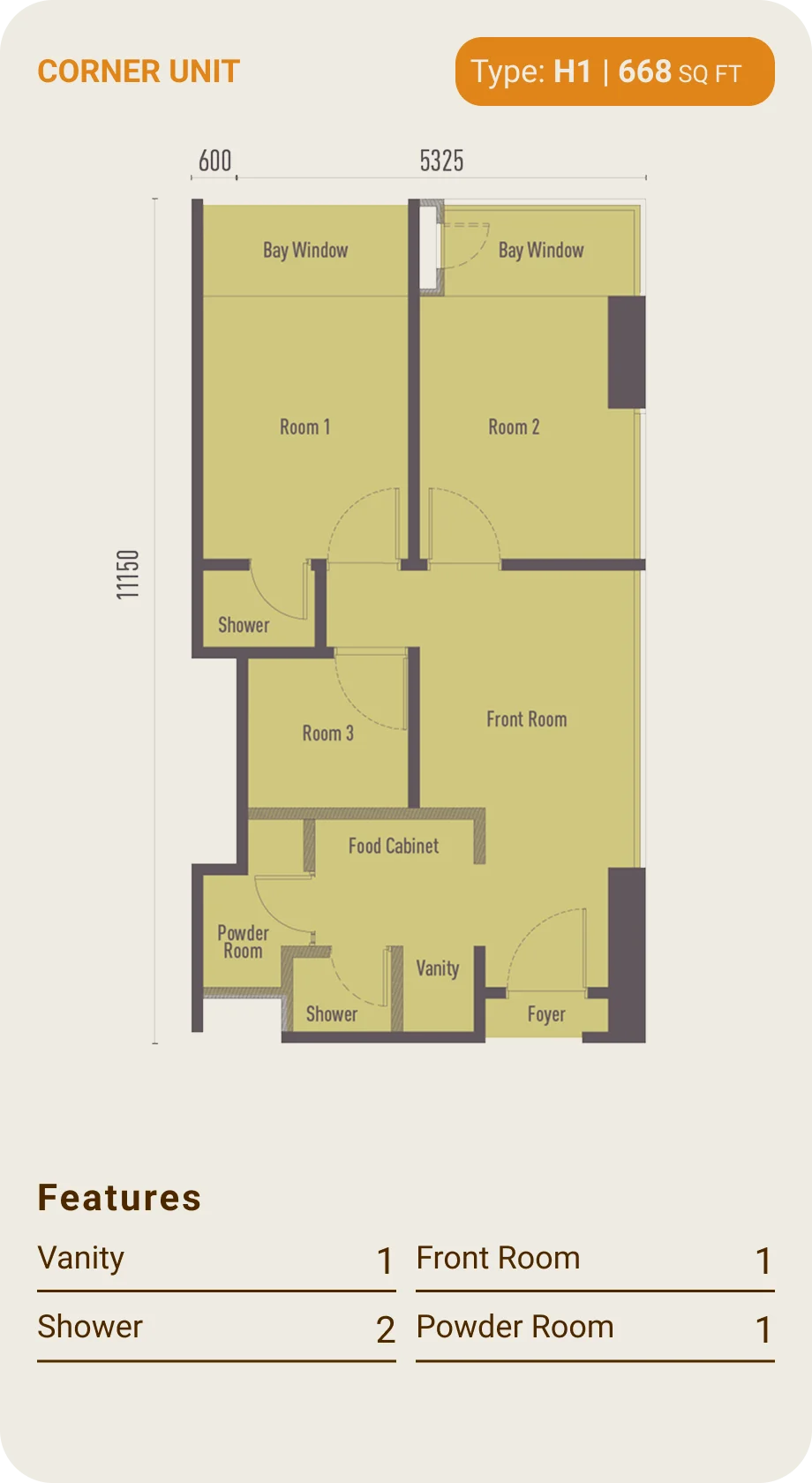 The Bedrock Type H1 floor plan — 668 sq ft, 3 bedrooms