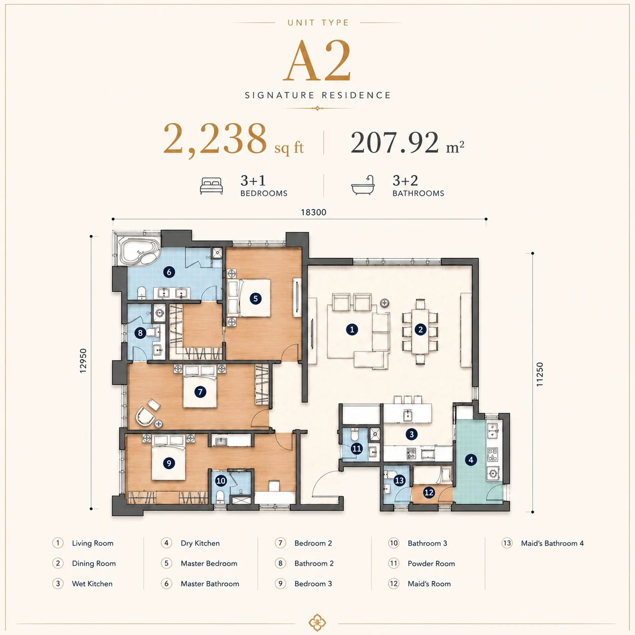 Cappella Embassy Type A2 floor plan — 2,238 sq ft, 3+1 bedrooms