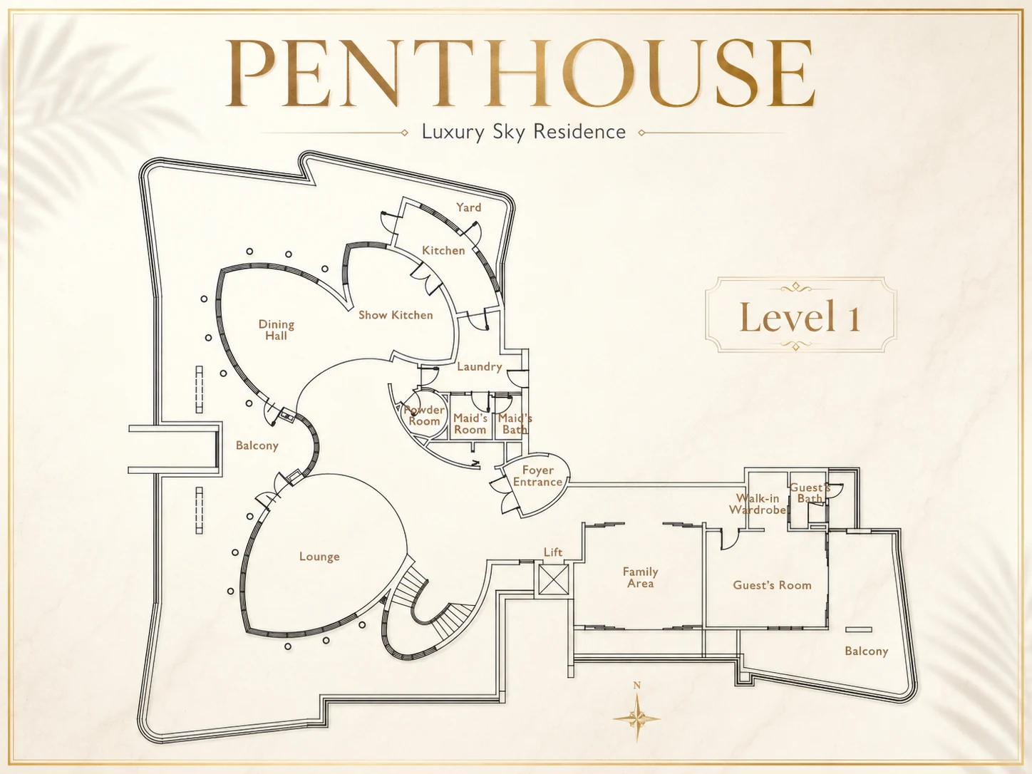 Cappella Embassy Triplex Penthouse Level 1 floor plan — foyer, dining hall, show kitchen, lounge
