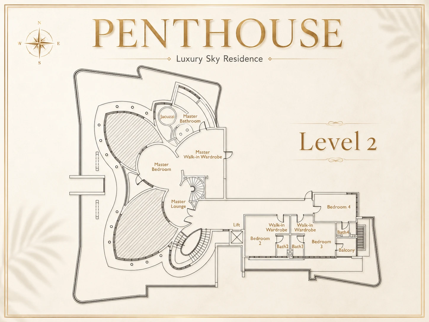 Cappella Embassy Triplex Penthouse Level 2 floor plan — master suite with jacuzzi, walk-in wardrobe, 3 further bedrooms