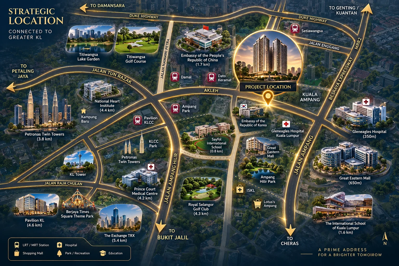 Cappella Embassy strategic location — distances to KLCC, embassies, Gleneagles Hospital and Ampang Hilir landmarks