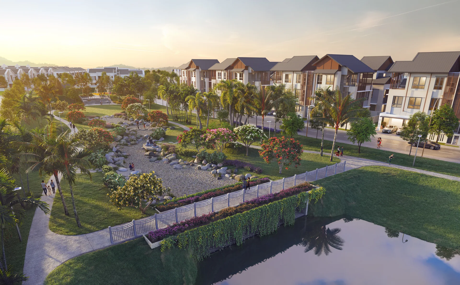 Casa D'Arcadia semi-detached homes and lakeside park at golden hour, artist's impression