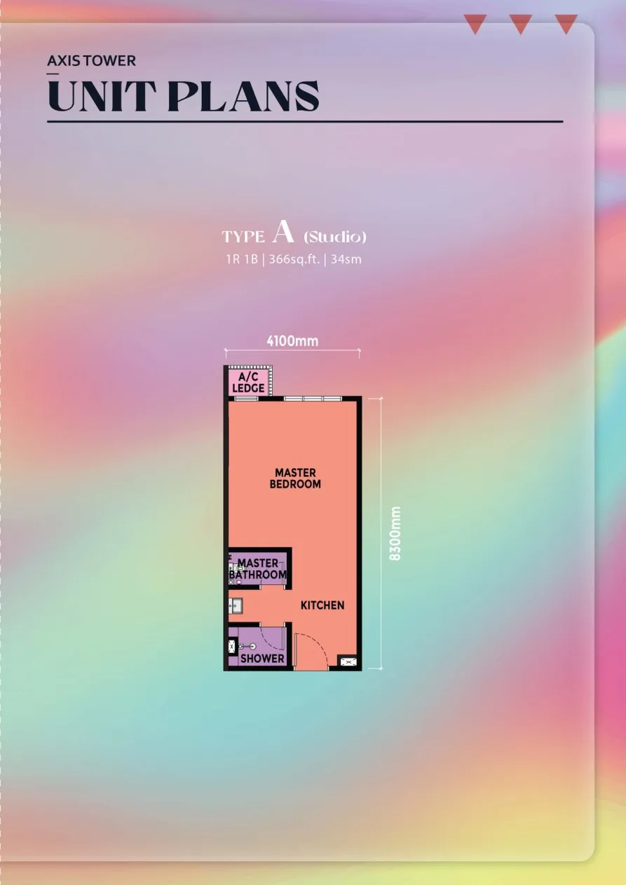 Causewayz Axis Tower Type A studio floor plan — 366 sq ft, 1 bedroom