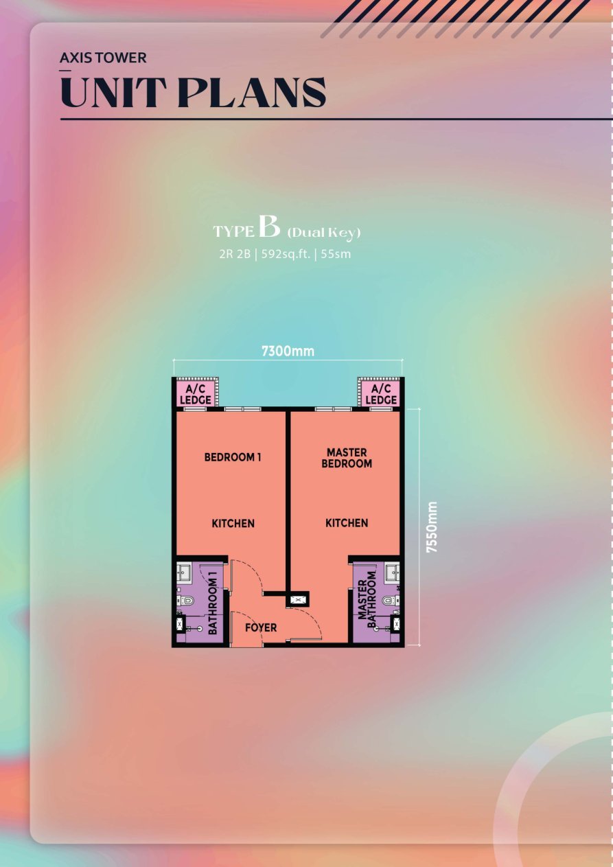 Causewayz Axis Tower Type B dual-key floor plan — 592 sq ft, 2 bedrooms