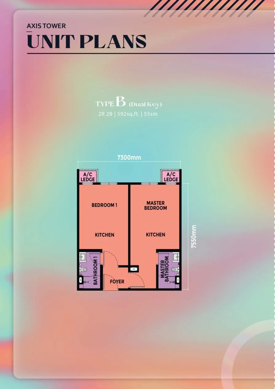 Causewayz Axis Tower Type B dual-key floor plan — 592 sq ft, 2 bedrooms