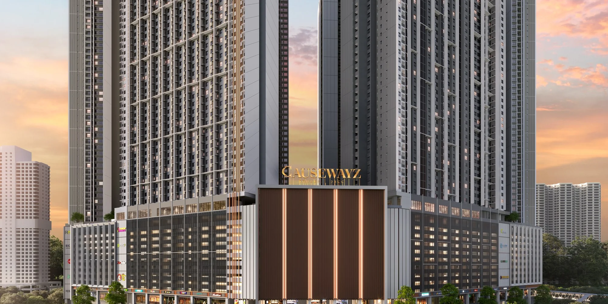 Causewayz Square @ JBCC facade at dusk, artist's impression