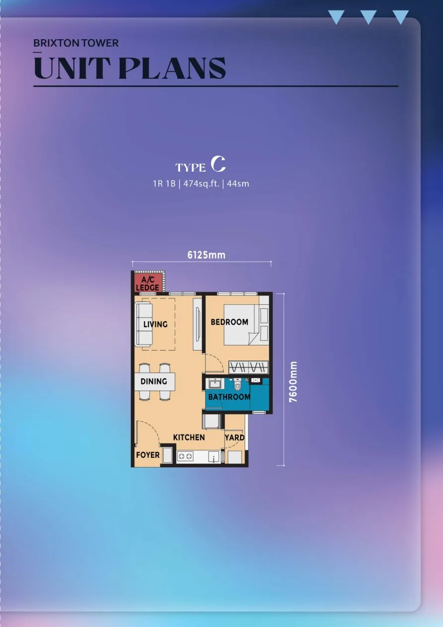 Causewayz Brixton and Dover Towers Type C floor plan — 474 sq ft, 1 bedroom