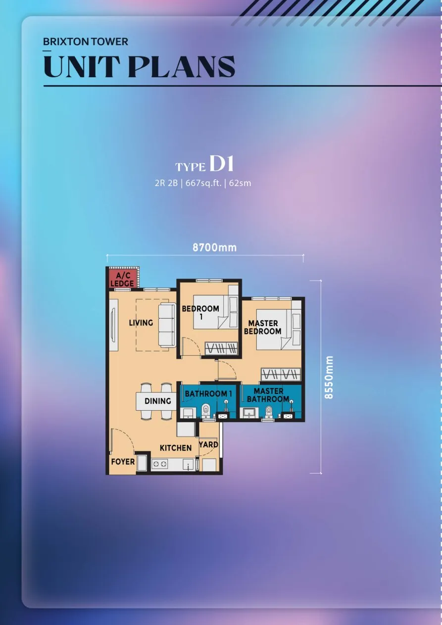 Causewayz Brixton and Dover Towers Type D1 floor plan — 667 sq ft, 2 bedrooms