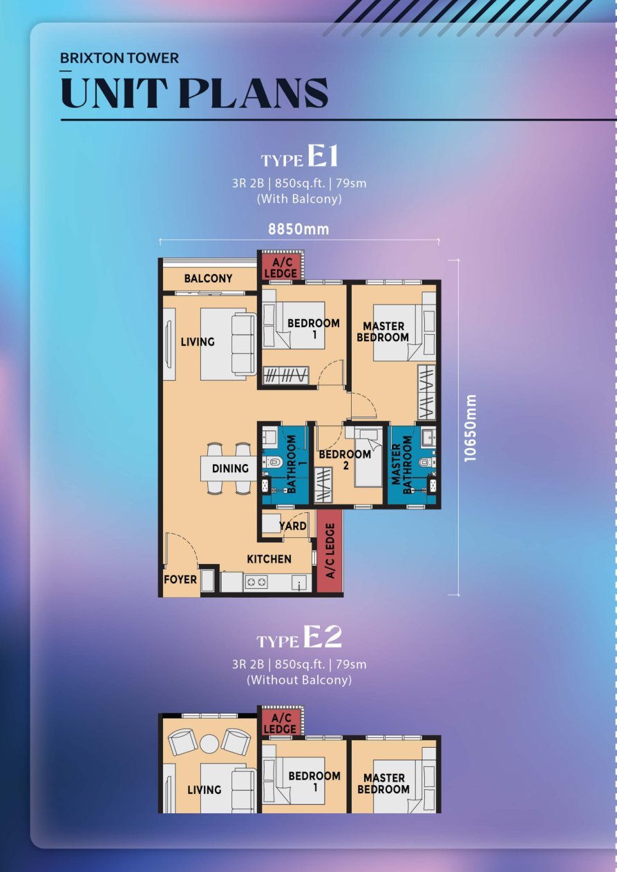 Causewayz Brixton and Dover Towers Type E1 and E2 floor plans — 850 sq ft, 3 bedrooms