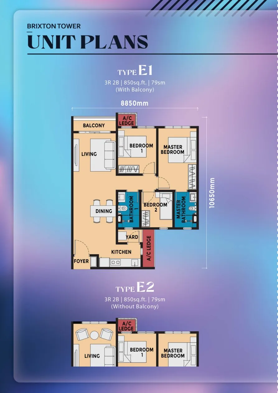 Causewayz Brixton and Dover Towers Type E1 and E2 floor plans — 850 sq ft, 3 bedrooms