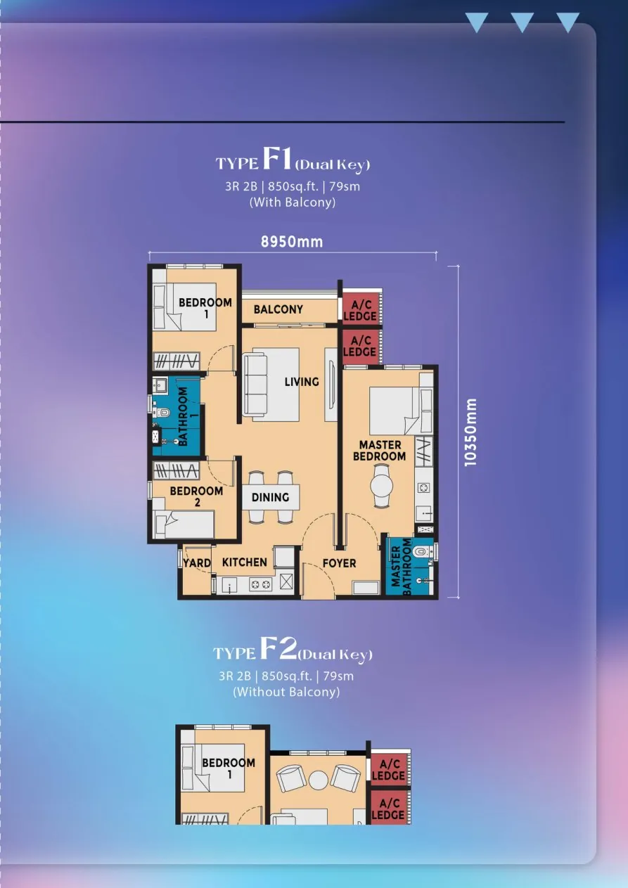 Causewayz Brixton and Dover Towers Type F1 and F2 dual-key floor plans — 850 sq ft, 3 bedrooms
