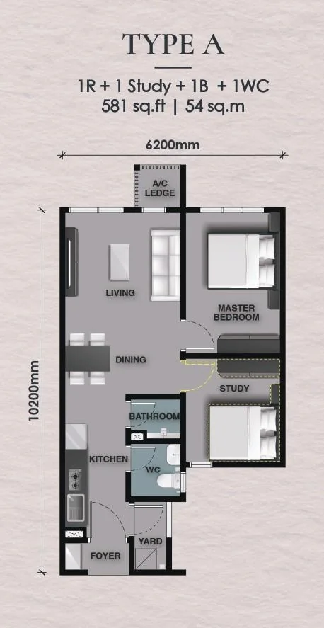 The Celestz Type A floor plan — 581 sq ft, 1 bedroom + study, 1 bathroom + 1 WC