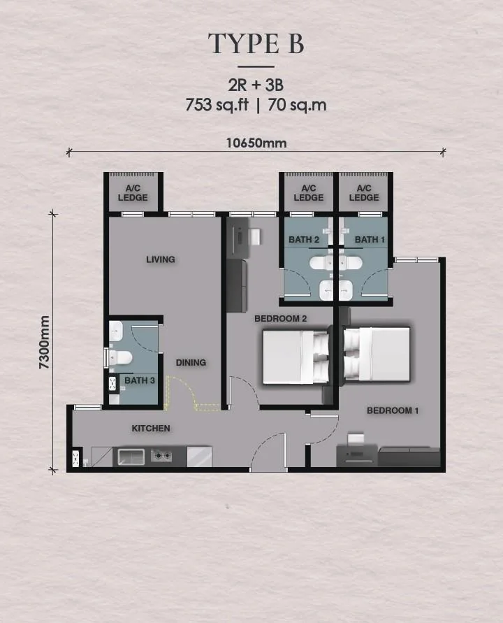 The Celestz Type B floor plan — 753 sq ft, 2 bedrooms, 3 bathrooms