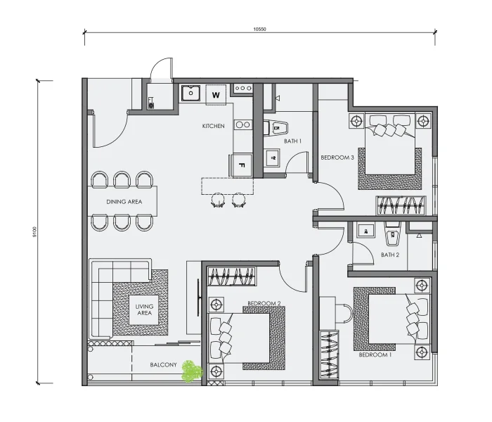 Centrix KLCC 3 Bedroom floor plan — 1,001 to 1,187 sq ft