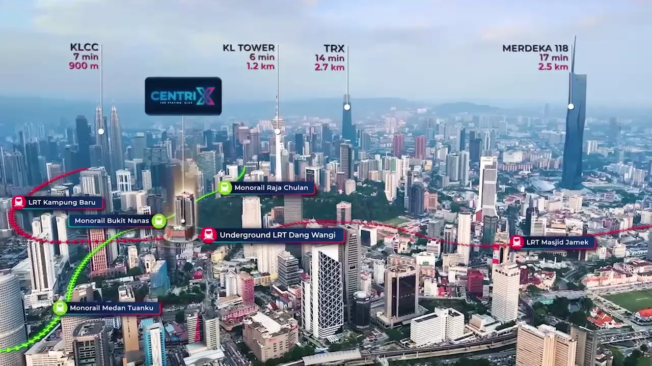 Centrix KLCC location map showing travel times to KLCC, KL Tower, TRX and Merdeka 118, and nearby LRT and Monorail stations