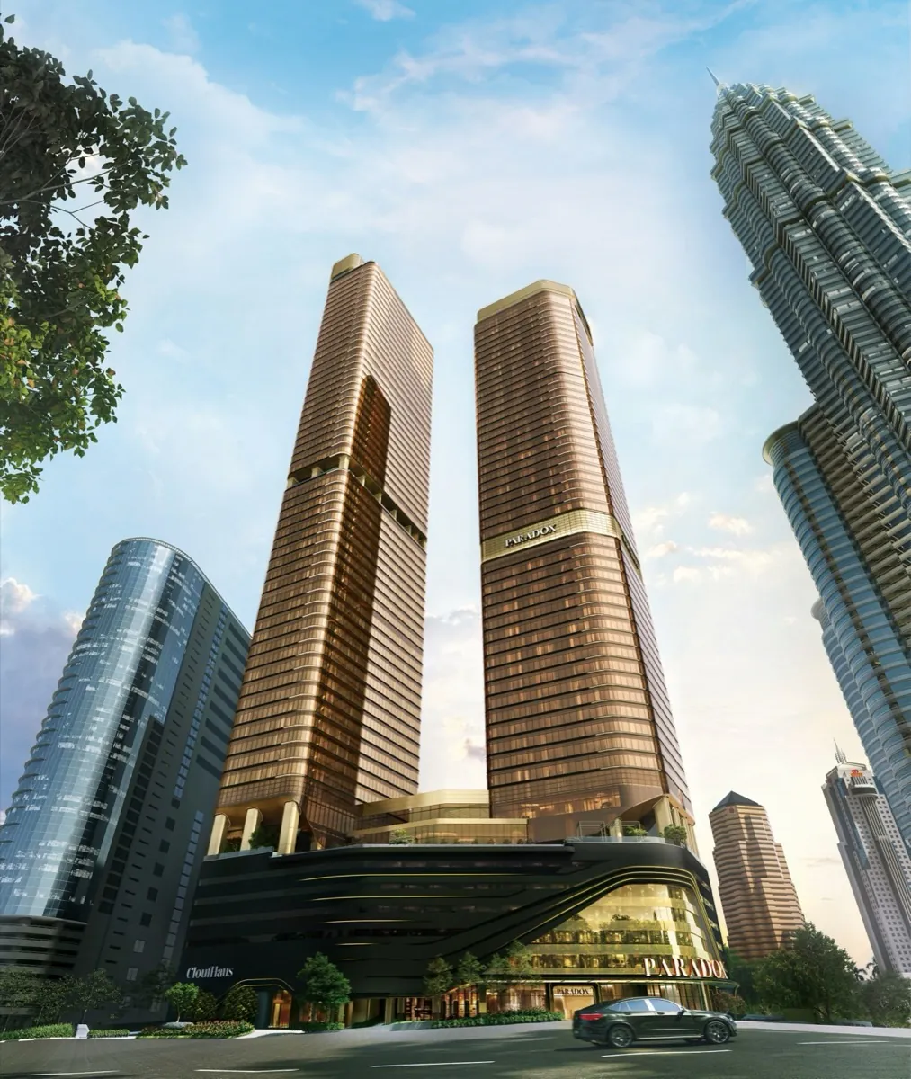 CloutHaus KLCC by TA Global — twin-tower facade beside the Petronas Twin Towers, artist's impression