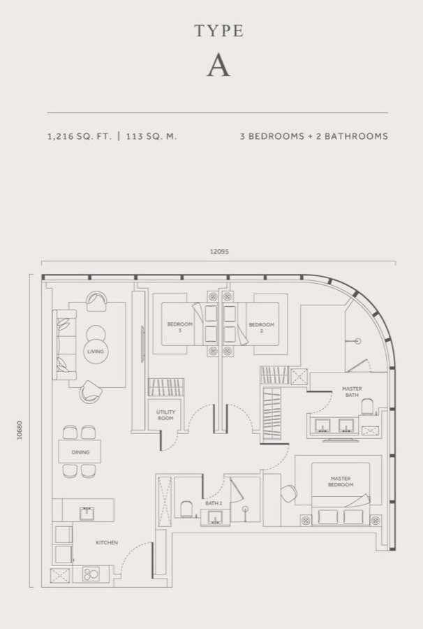 CloutHaus KLCC Type A floor plan — 1,216 sq ft, 3 bedrooms