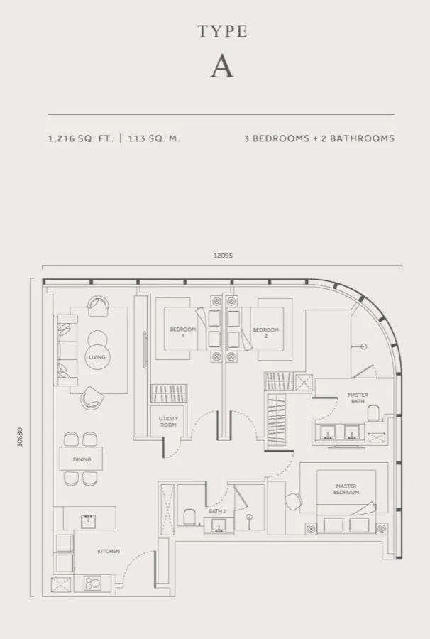 CloutHaus KLCC Type A floor plan — 1,216 sq ft, 3 bedrooms