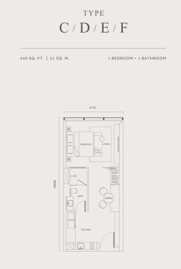 CloutHaus KLCC Type C/D/E/F floor plan — 549 sq ft, 1 bedroom