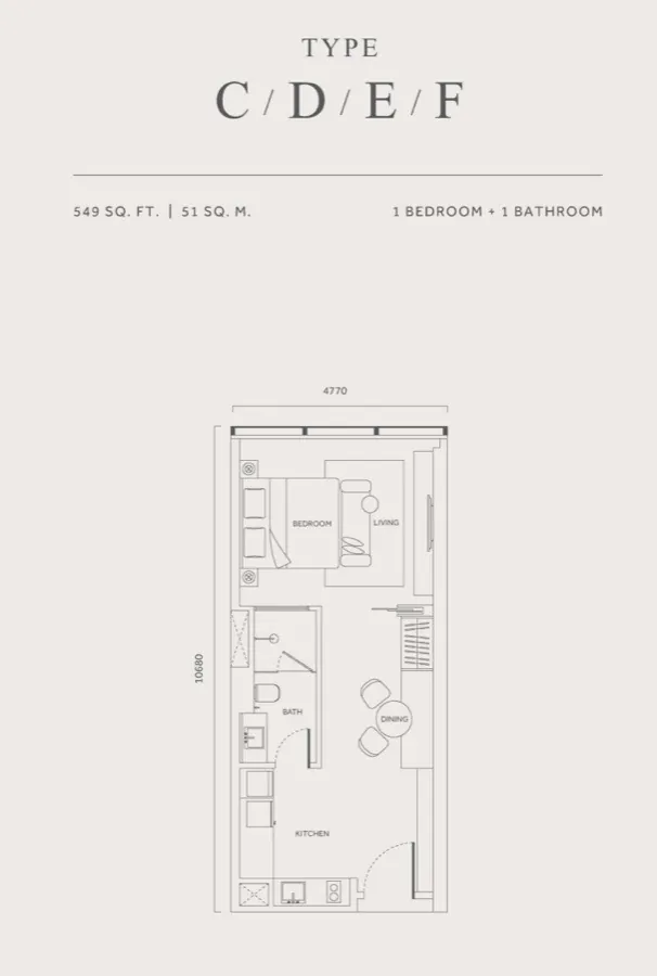 CloutHaus KLCC Type C/D/E/F floor plan — 549 sq ft, 1 bedroom