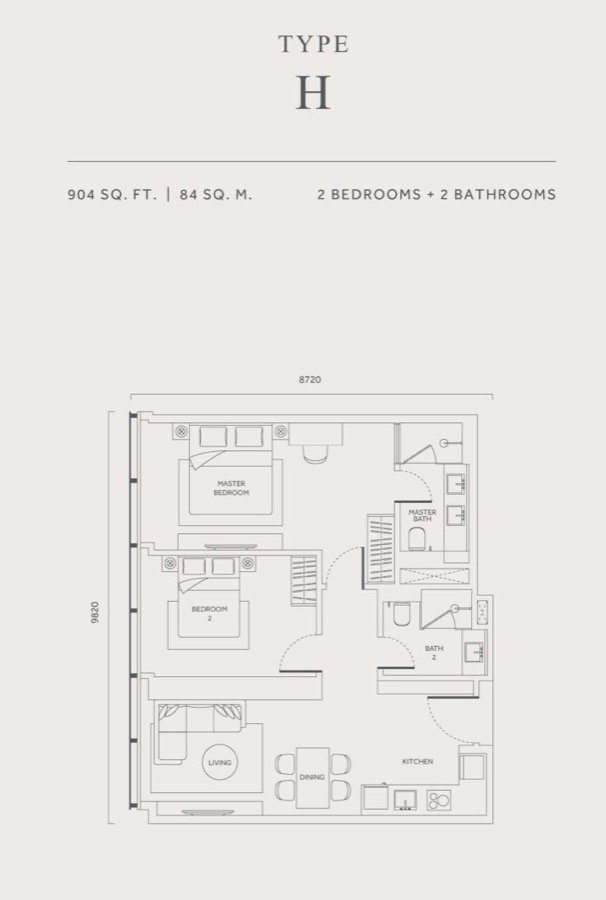 CloutHaus KLCC Type H floor plan — 904 sq ft, 2 bedrooms