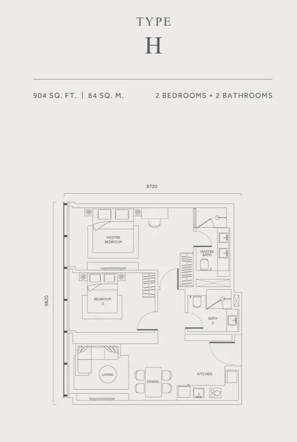 CloutHaus KLCC Type H floor plan — 904 sq ft, 2 bedrooms