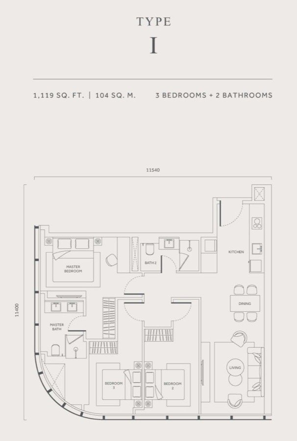 CloutHaus KLCC Type I floor plan — 1,119 sq ft, 3 bedrooms