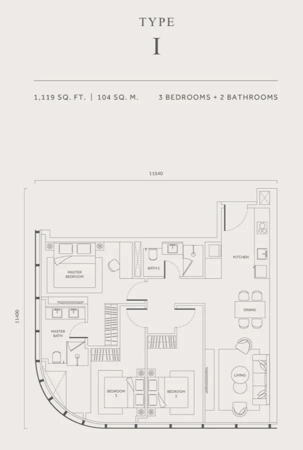 CloutHaus KLCC Type I floor plan — 1,119 sq ft, 3 bedrooms