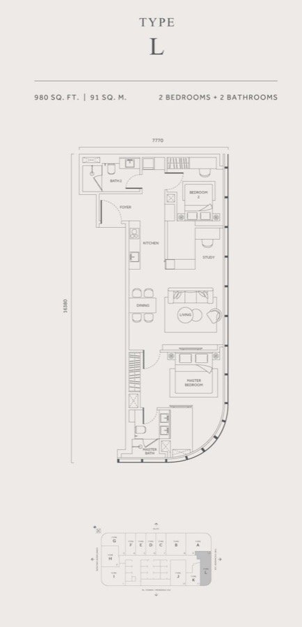 CloutHaus KLCC Type L floor plan — 980 sq ft, 2 bedrooms plus study