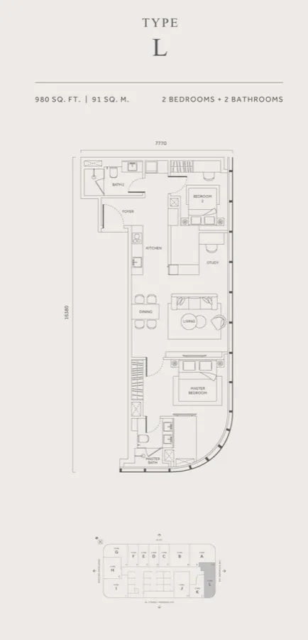 CloutHaus KLCC Type L floor plan — 980 sq ft, 2 bedrooms plus study