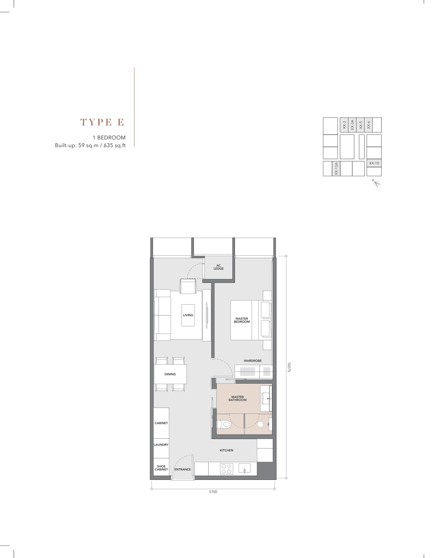 Conlay Signature Suites Type E floor plan — 635 sq ft, 1 bedroom