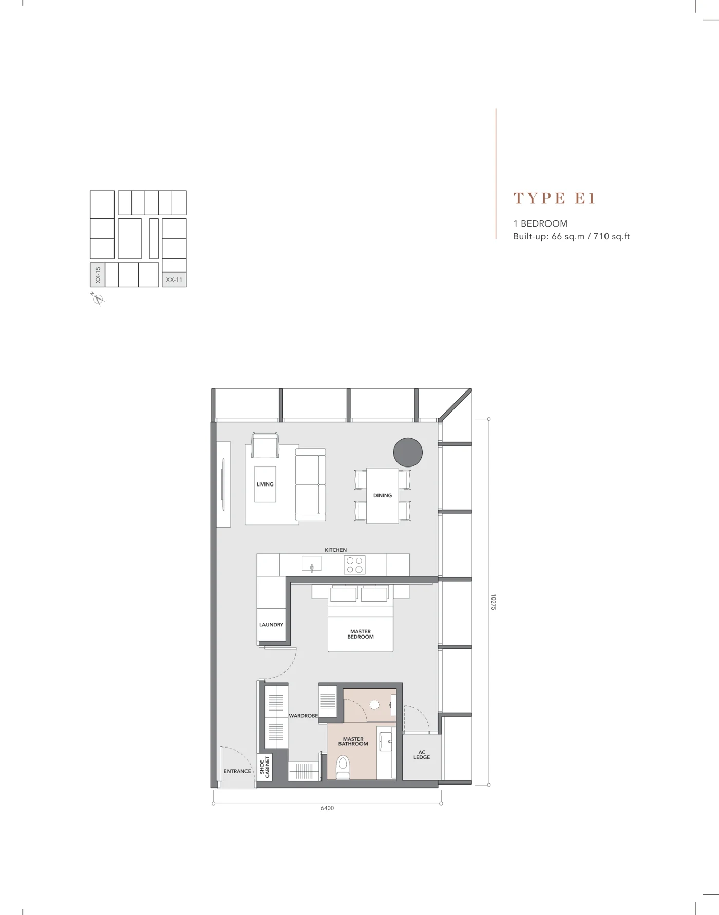 Conlay Signature Suites Type E1 floor plan — 710 sq ft, 1 bedroom