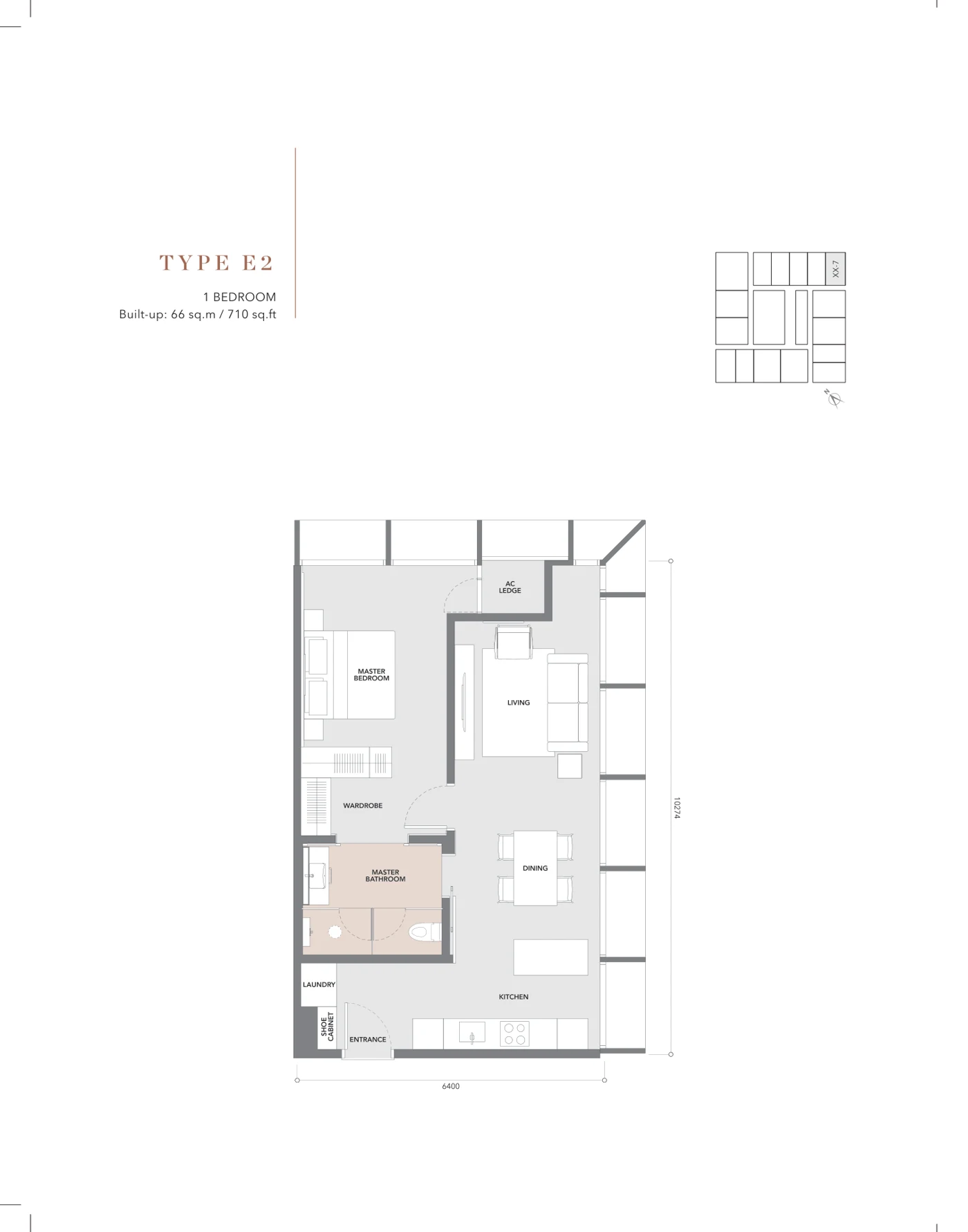Conlay Signature Suites Type E2 floor plan — 710 sq ft, 1 bedroom, mirrored layout