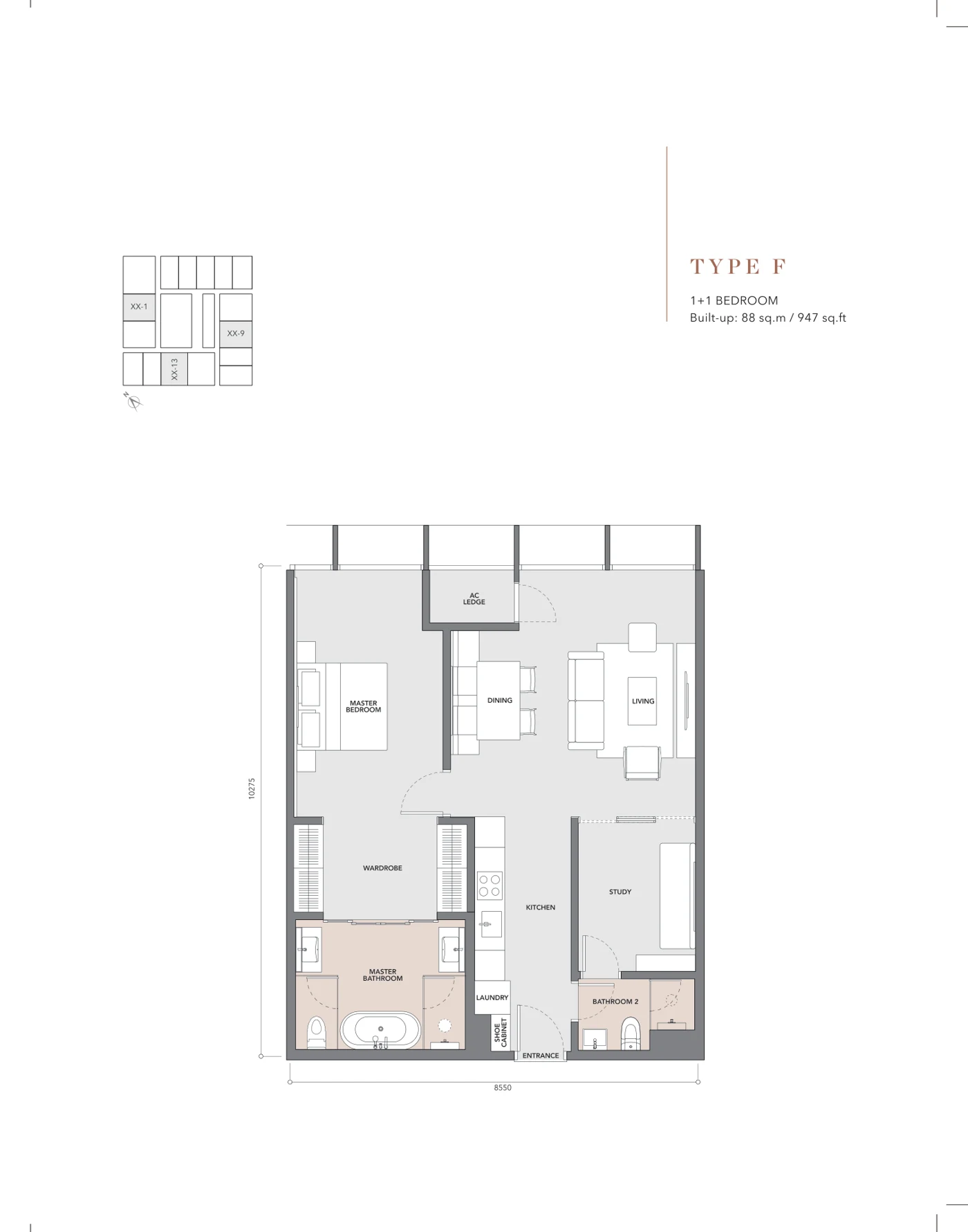 Conlay Signature Suites Type F floor plan — 947 sq ft, 1+1 bedroom