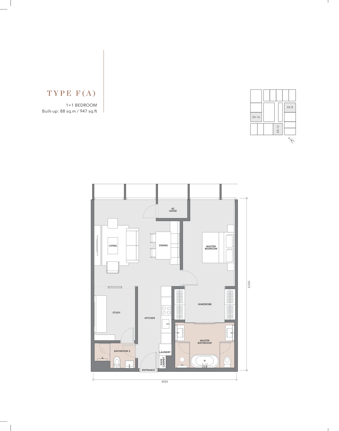 Conlay Signature Suites Type F(A) floor plan — 947 sq ft, 1+1 bedroom, mirrored layout