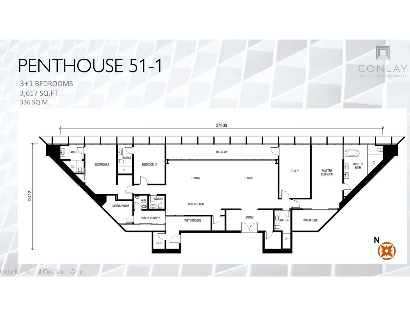 Conlay Signature Suites Penthouse 51-1 floor plan — 3,617 sq ft, 3+1 bedrooms, palace and golf course view