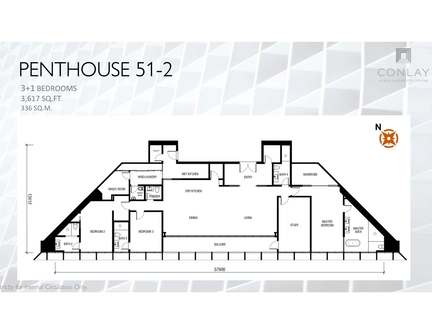 Conlay Signature Suites Penthouse 51-2 floor plan — 3,617 sq ft, 3+1 bedrooms, TRX and Merdeka 118 view