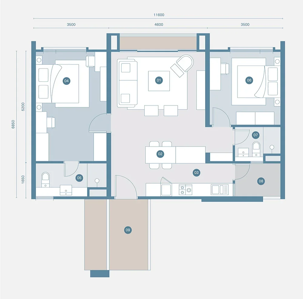 Danau Puchong Type B floor plan — 855 sq ft, 2 bedrooms