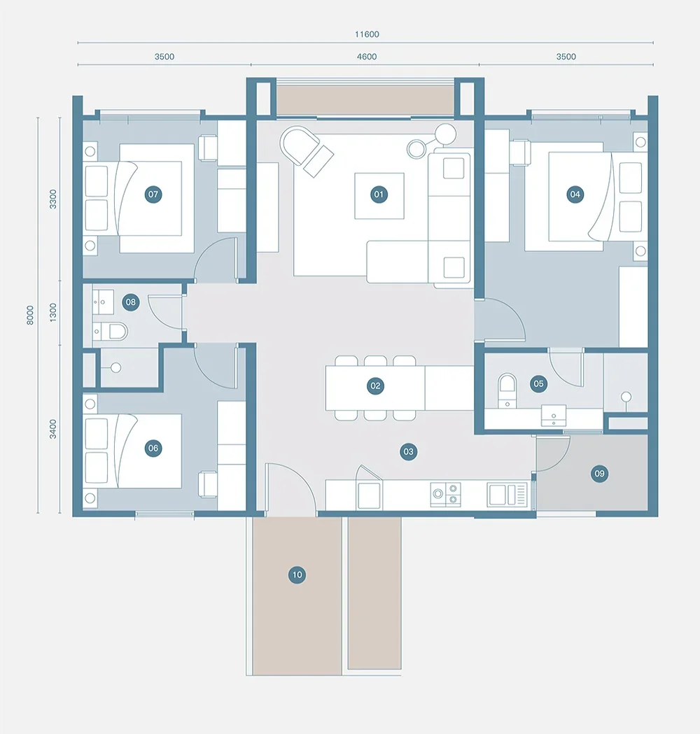 Danau Puchong Type C floor plan — 999 sq ft, 3 bedrooms