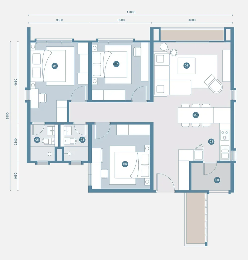 Danau Puchong Type D floor plan — 999 sq ft, 3 bedrooms, alternate layout