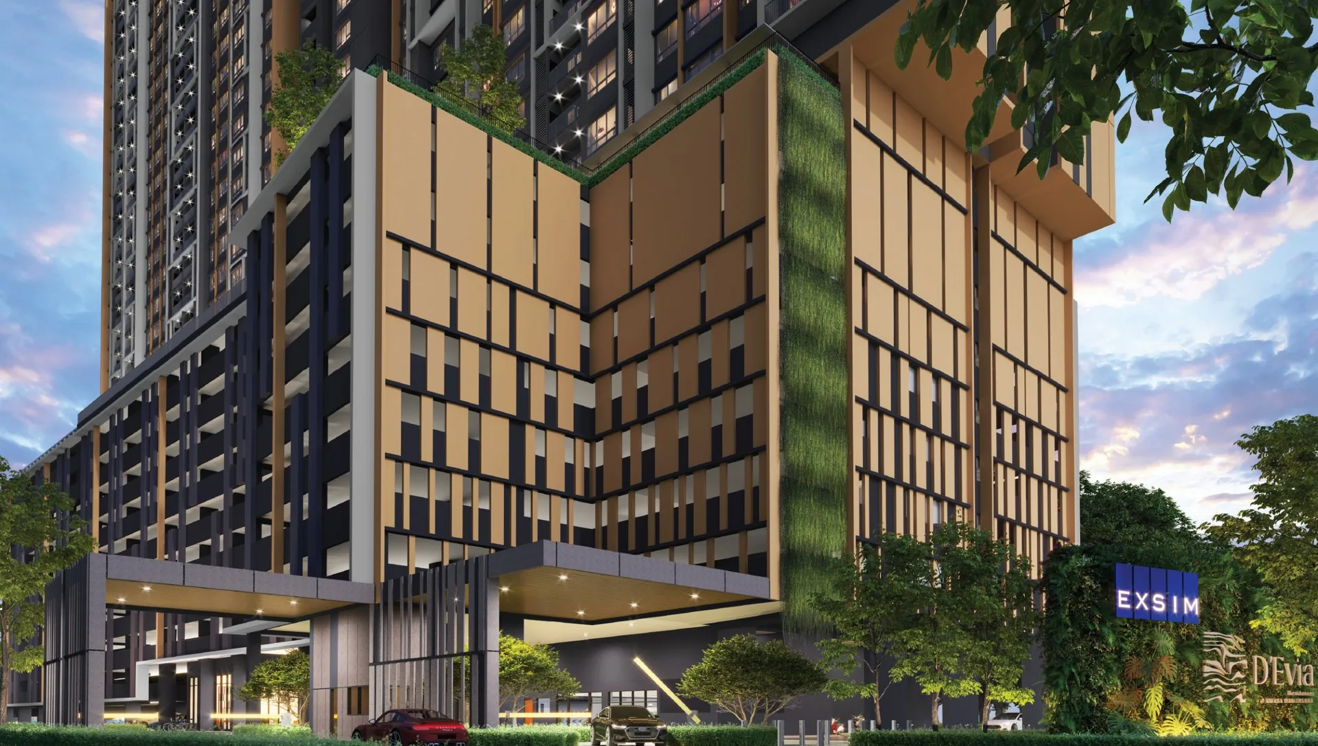 D'Evia Residences @ Kwasa Damansara facade at twilight, artist's impression