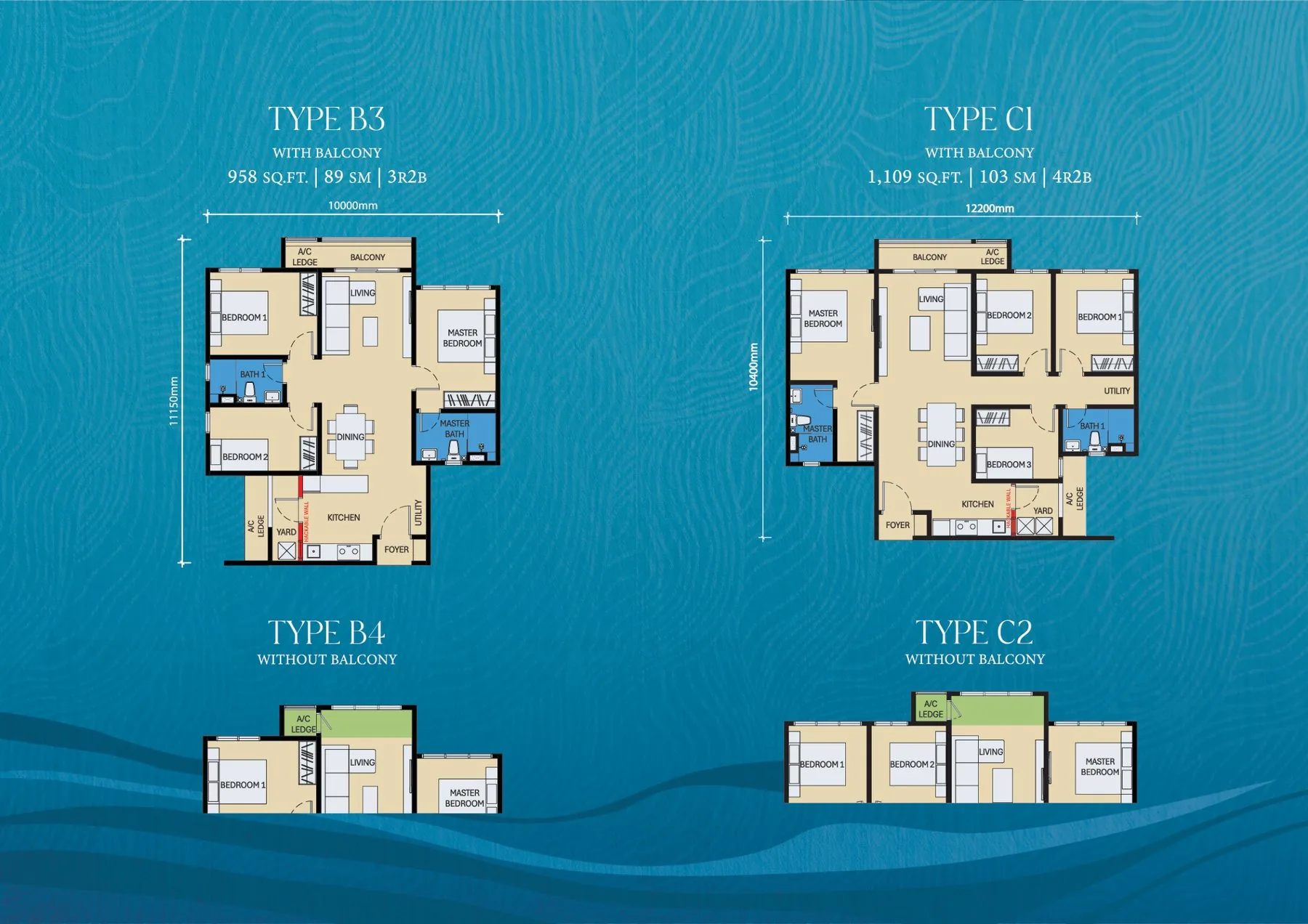D'Evia Type B3, B4, C1 and C2 floor plans — 958 to 1,109 sq ft