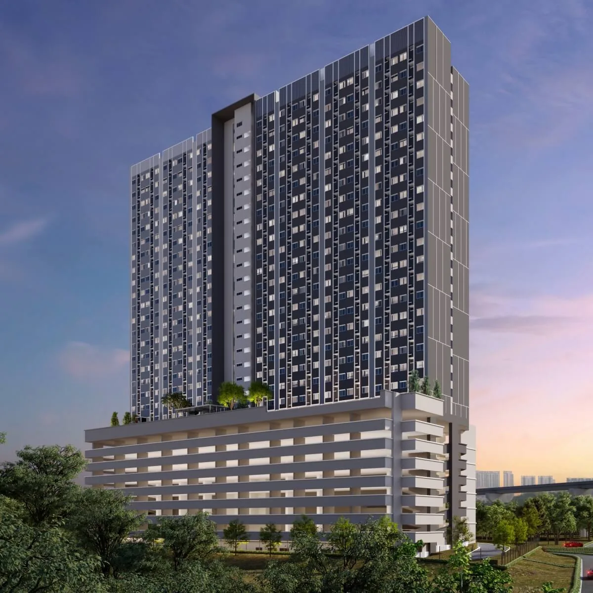 D'Nuri Residences @ Kwasa Damansara facade at dusk, artist's impression