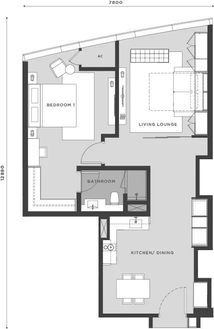 Eaton Residences @ KLCC Type A5 floor plan — 840 sq ft, 1 bedroom