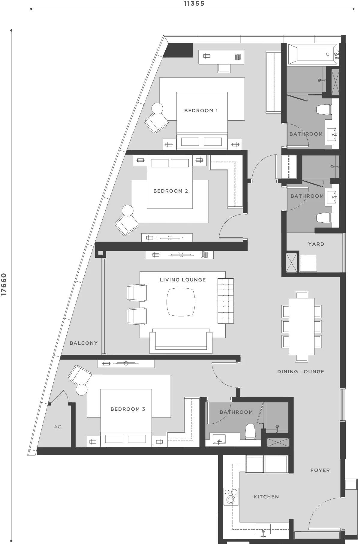 Eaton Residences @ KLCC Type D1 floor plan — 1,550 sq ft, 3 bedrooms